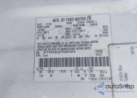 2007 Ford Ranger Sport/Stx/Xl/Xlt z USA, uszkodzony, nr VIN 1FTYR14U27PA57474